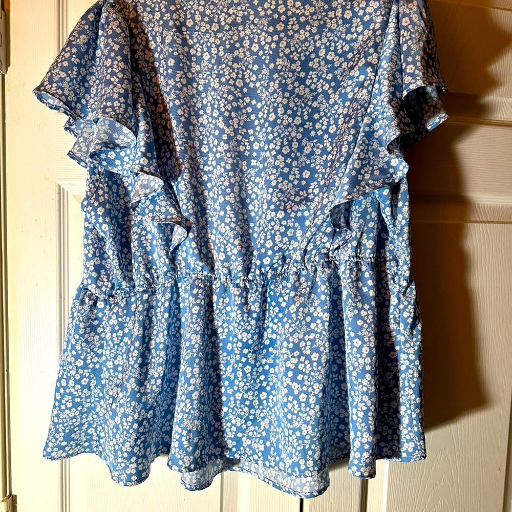 Women’s blue blouse.  Ruffled shirt sleeve with a v neck.  New without tags.